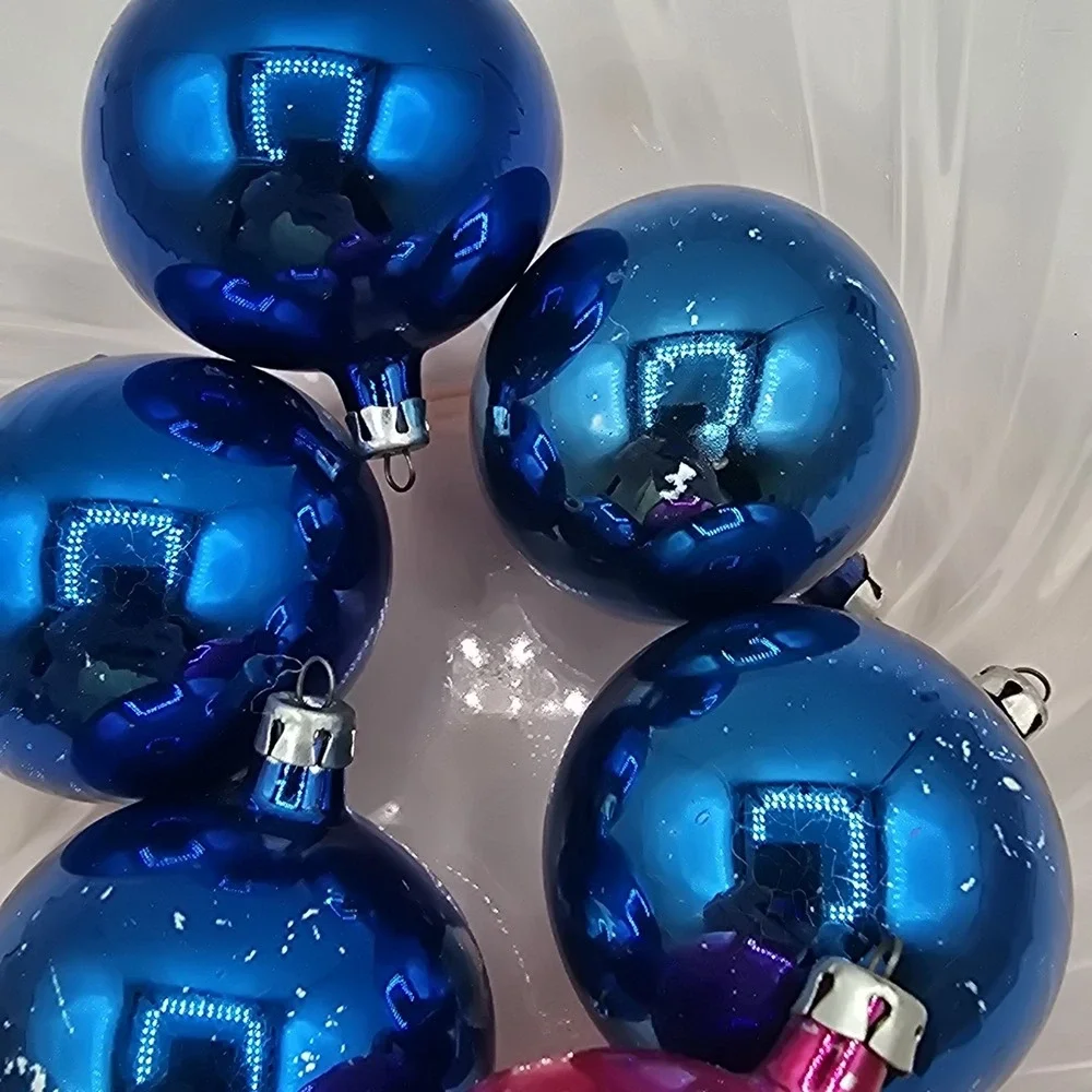 6 Vintage Poland Blue Pink Glass Christmas Holiday Ornaments Lot Set‎